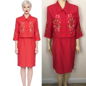 SAG HARBOR VTG 80s Red Floral Embroidered Japanese Blazer Midi 2 Piece Dress Set